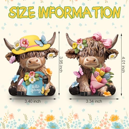 Karenhi 2 Pcs Highland Cow Figurines, Spring Floral Table Decor - style: Spring