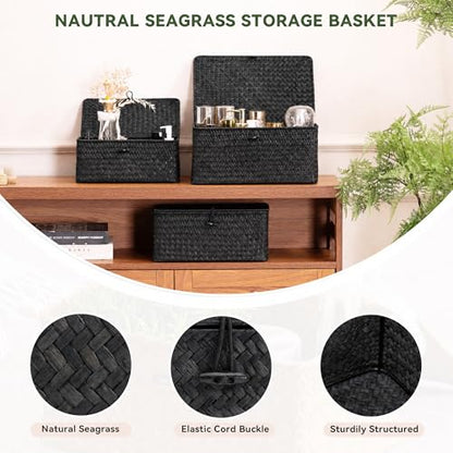 Nonam Wicker Storage Basket with Lid,Seagrass Shelf Basket Set of 3,Black - color: Standard Black* Set of 3