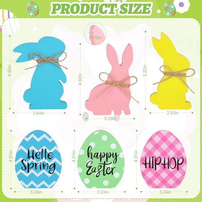 6Pcs Easter Bunny Decorations for Home Wooden Easter Table Signs Rabbit Egg Shaped Tabletop Centerpieces with Rope for Tiered Tray Decor Home Indoor Office Party Farmhouse Decor