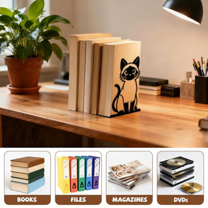 Peacoblue 5.3"x4.3"x7.9" Metal Bookends, Heavy Duty Book Ends for Shelves - style: Siamese Cat