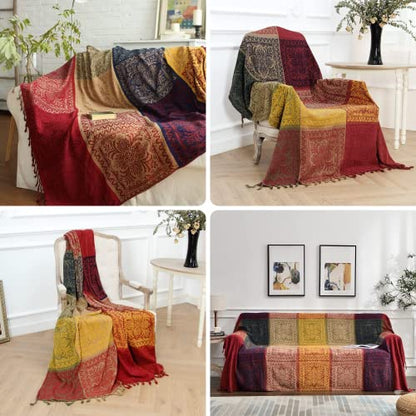 Boho Throw Blanket - Hippie Chenille Jacquard Bohemian Chair Couch Sofa and Bed Furniture Cover with Colorful Tribal Pattern (Red, 87" x 102") - color: Red, size: 87" x 102"