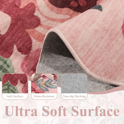 DUKINO 2.6x12 Washable Runner Rug, Floral Non Slip Long Kitchen Rug, Pink - color: Pink (Big), size: 2'6" x 12' (Rectangular)
