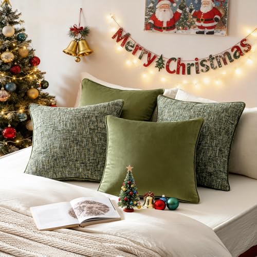 a moment Dark Green 4 Pack Throw Pillow Covers - Chenille & Velvet Set with Piping, Farmhouse Textured Design Cushion Cases for Couch Sofa Bed (20x20 Inch, No Insert) - color: Dark Green, size: 20" x 20" (Pack of 4)
