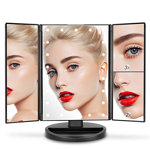 deweisn Tabletop Mount Trifold Lighted Vanity Mirror with 21 LED Lights, Touch Screen and 3X/2X/1X Magnification, Two Power Supply Mode Make up Mirror,Travel Mirror - color: Black