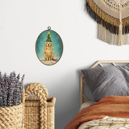 OINDADE Funny Christmas Golden Retriever Dog Oval Wall Art Hanging Decor - color: Christmas Golden