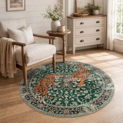 Moynesa 5ft Round Boho Tiger Rug, Green Washable Rug for Living Room - color: Green, size: 5' (Round)