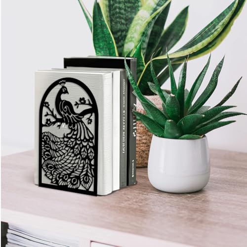 Peacoblue 5.3"x4.3"x7.9" Metal Bookends, Heavy Duty Book Ends for Shelves - style: Peacock