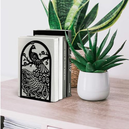 Peacoblue 5.3"x4.3"x7.9" Metal Bookends, Heavy Duty Book Ends for Shelves - style: Peacock