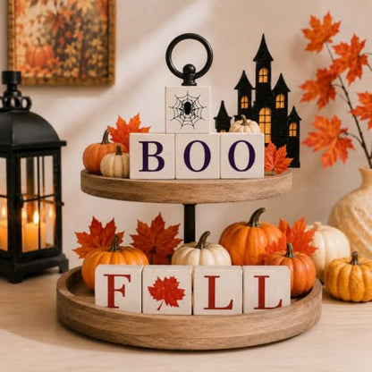 Fall Halloween Tiered Tray Decor, 4 Pcs Double-Sided Wooden Signs