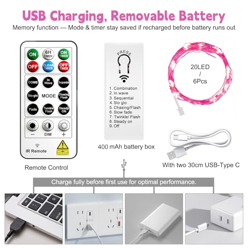 ZSJWL 6 Pack Rechargeable Fairy Lights, 7Ft 20LED, Remote & DIY Timer - color: Pink, size: 6 Pack – Rechargeable