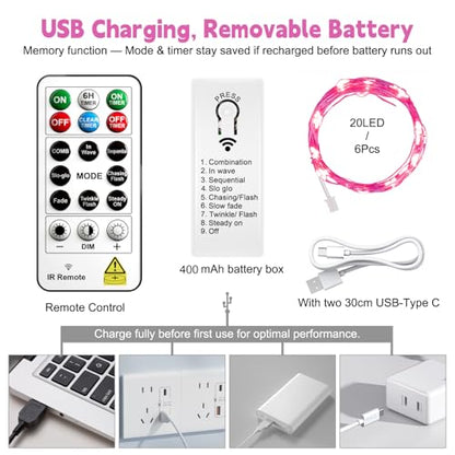 ZSJWL 6 Pack Rechargeable Fairy Lights, 7Ft 20LED, Remote & DIY Timer - color: Pink, size: 6 Pack – Rechargeable