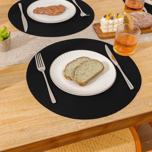 SHACOS Round Braided Placemats Set of 4 Heavy Cotton Polyester Washable Round Table Mats for Dining Tables 15 inch Non Slip Heat Resistant (Black, 4) - color: Black, size: Set of 4