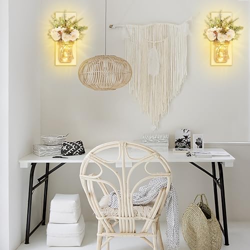 Rustic Wall Sconces Mason Jar Sconces with Remote Control LED Fairy Lights - color: Peony+white Board