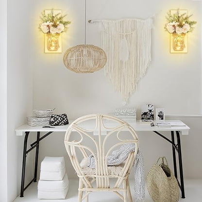 Rustic Wall Sconces Mason Jar Sconces with Remote Control LED Fairy Lights - color: Peony+white Board