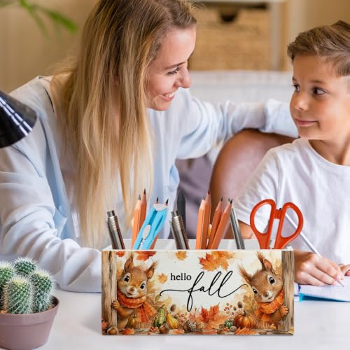 Hello Fall Squirrel Pen Pencil Holder Organizer for Desk - color: Fall squirrel