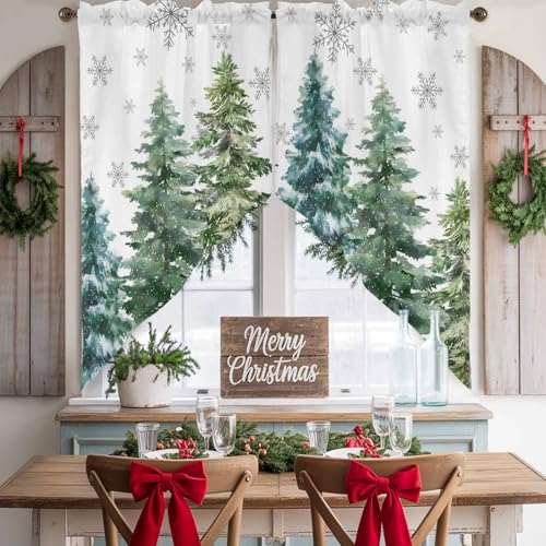 Christmas Tree Swag Valances Winter Gray Snowflakes Kitchen Curtains 36 Inches Length,Green Xmas Pine Forest Tier Drapes Swag Topper,White Short Window Treatments for Small Windows 2 Panels 28"x36" - color: White Green, size: 28"W x 36"L (Pack of 2)