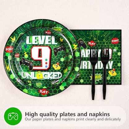 96 Pcs Video Game 9th Birthday Party Decorations for Boy, Serves 24 - style: Green Video Game 9th Kit