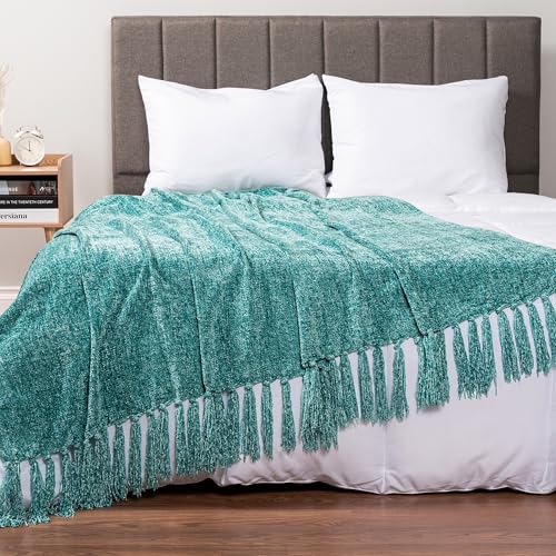 PAVILIA Chenille Throw Blanket, Knit Twin Size Tassel Throw, Teal 60x80 - color: Teal, size: 60 X 80 Inches - Twin