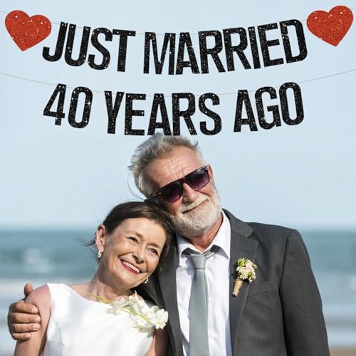 Black Glitter Just Married 40 Years Ago Banner,NO DIY,Pre-Strung 40th Wedding Anniversary Party Decorations 40 Years Blessed & Loved Garland Sign We Still Do 40th Party Supplies - color: 40black