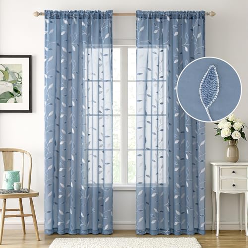 MIULEE Dusty Blue Sheer Curtains 2 Panels Leaf Patterned, W52 x L63 - color: Dusty Blue, size: 52"W x 63"L (Pack of 2)