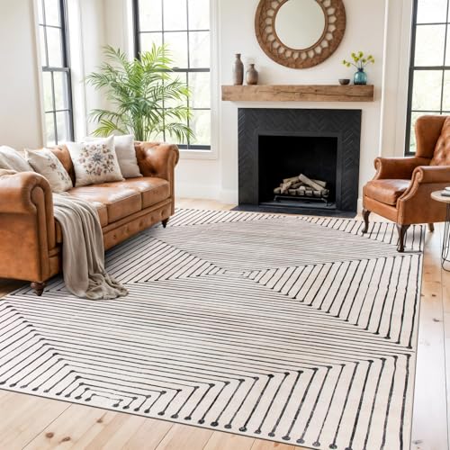 Rugshop Bohemian Stripes Marbella Non-Slip Washable Area Rug Beige 6' x 9' - color: Beige, size: 6' x 9' (Rectangular)
