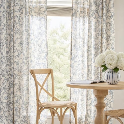 Lazzzy Extra Long Blue Floral Linen Curtains Farmhouse Rod Pocket 2 Panels - color: Blue on Beige, size: 50"W x 108"L (Pack of 2)