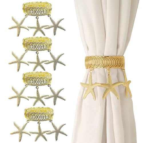 4 Pack Metal Gold Starfish Curtain Holdbacks Adjustable Tie Back Curtain Holder for Bedroom Home Office