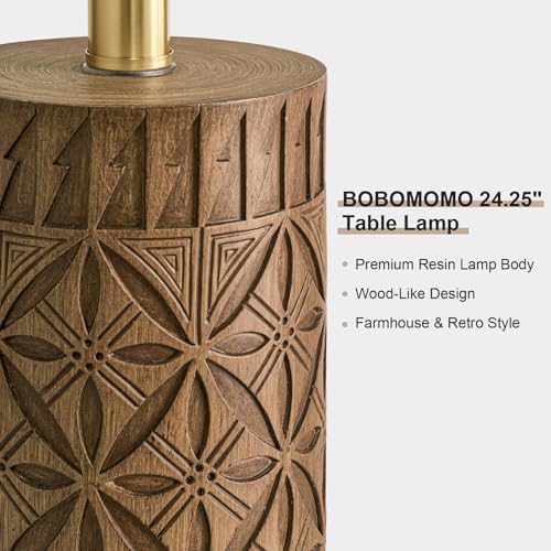 BOBOMOMO 24.25" Modern Farmhouse Table Lamps Set of 2, Geometric Wood Grain Resin Bedside Lamps for Nightstand, Rustic Lamps for Living Room, Bedroom, Entryway, Home Decor, Linen Shade - color: Rustic Brown