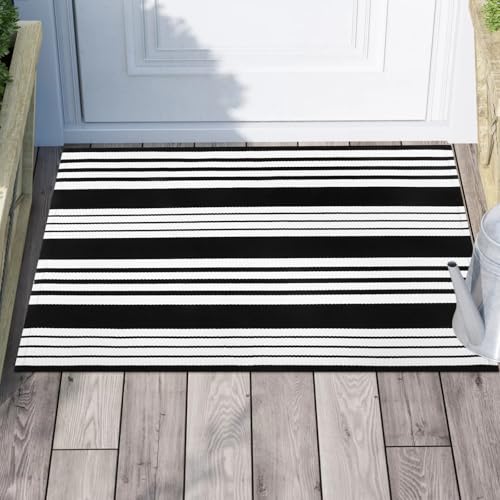 LEEVAN 2'X3' Black and White Striped Woven Cotton Reversible Outdoor Rug - color: Black Strip, size: 2' x 3'