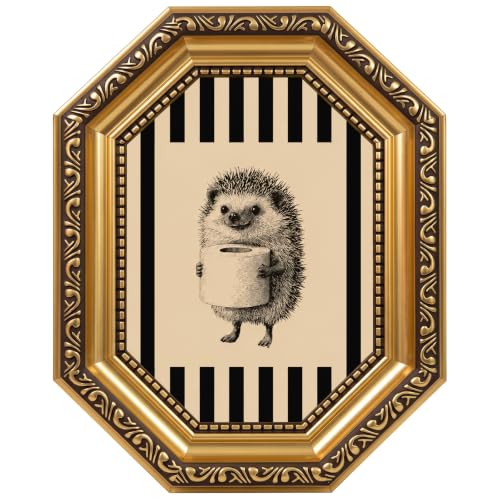 Funny Bathroom Wall Art, Vintage Gold Octagonal Framed Canvas Print, Hedgehog Holding Toilet Wall Decor Pictures, Cute Animal Artwork for Bathroom Restroom - color: Hedgehog Holding Toilet Roll, size: 8*10
