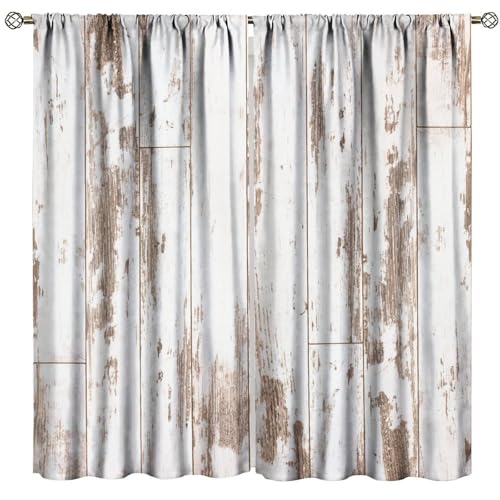 Rustic Curtains Farmhouse White Wooden Board Pattern Blackout Print Rod Pocket Window Drapes for Bedroom Living Room 42x63in - color: Rustic-1, size: 21"W x 63"L (Pack of 2)