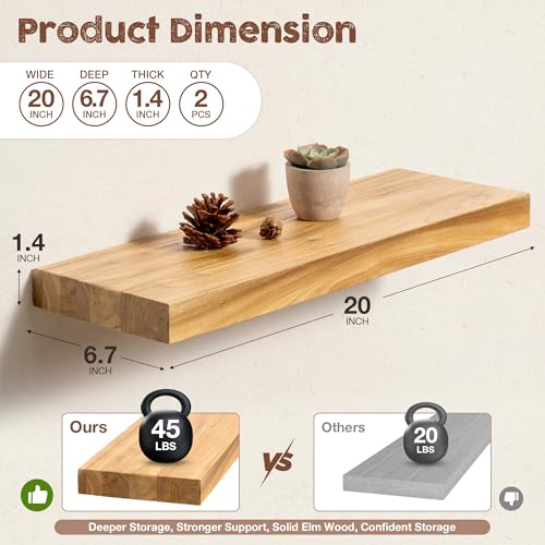 fuqing Floating Shelves for Wall, 20 Inch Rustic Solid Elm Wood Shelves - color: Natural Elm Flat Edge - 6.7"d, size: 20"L - 2Packs