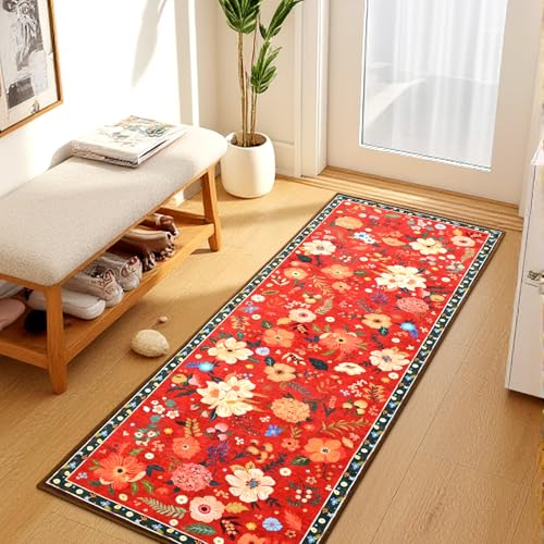 Terrug Floral Entryway Runner Rug 2x6, Washable Red Boho Rug for Hallways Non-Slip, Soft Stain Resistant Vintage Carpet Runner Rugs for Kitchen Bedroom Doorway Bathroom - color: Red, size: 2' x 6' (Rectangular)