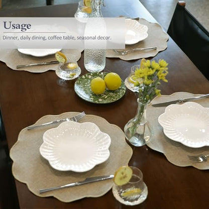 AHHFSMEI Round Scalloped Placemats Set of 6 15 Inch Faux Linen - color: Linen Beige
