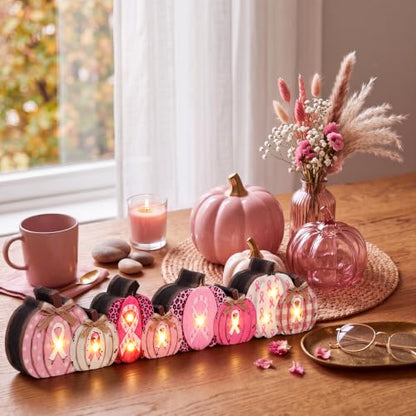 Yousoontic Breast Cancer Awareness Decorations, Pink Ribbon Wood Pumpkin - style: Breast Cancer Awareness