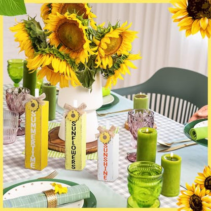 MiniInflat 3 Pcs Sunflower Table Decor, August Wooden Block Sign Decoration - style: Sunflower