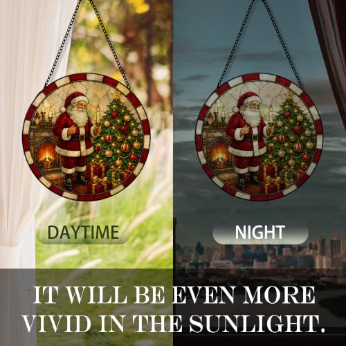 Christmas Tree Santa Suncatcher Stained Glass Window Hanging, Cozy Winter Christmas Santa Claus Sun Catchers Indoor Window Glass Round Wall Decor, Xmas Wall Art Hanging Decorations, 7.8x7.8in - color: Candle