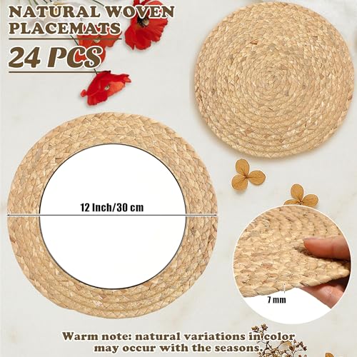 Kochorie Set of 24 Round Woven Placemats 12-Inch Natural Water Hyacinth Plant Placemats Hand-Woven Boho Rattan Placemat Wicker Weave Table Mats for Home Dinner Plates Holiday Supplies - size: 12 Inch
