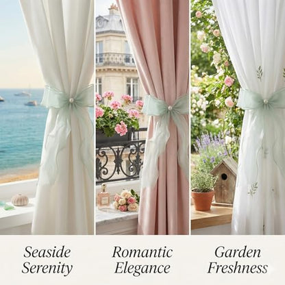 White Lace Bow Curtain Tiebacks 6-Pack, Vine Floral Curtain Holdbacks - color: Sage Green
