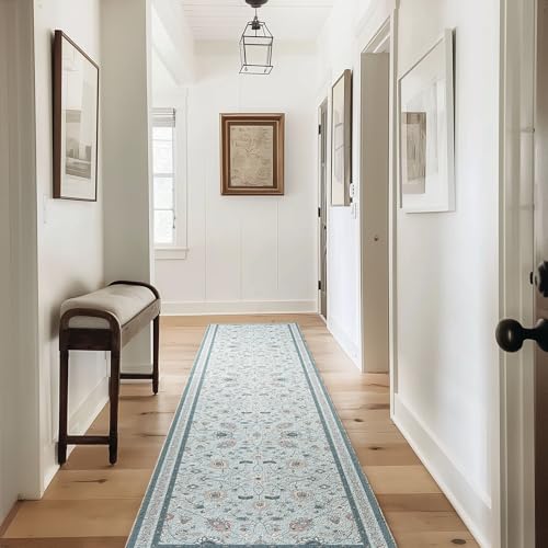 EverGrace Hallyway Area Runner Rugs 2x10, Boho Floral Faux Wool Indoor Outdoor Rugs, Washable Rugs for Bedroom Dining Room Living Room Kitchen, Low Pile Floor Mat Carpet for Home Decor, Pale Blue - color: Pale Blue Multi, size: 2'x10'