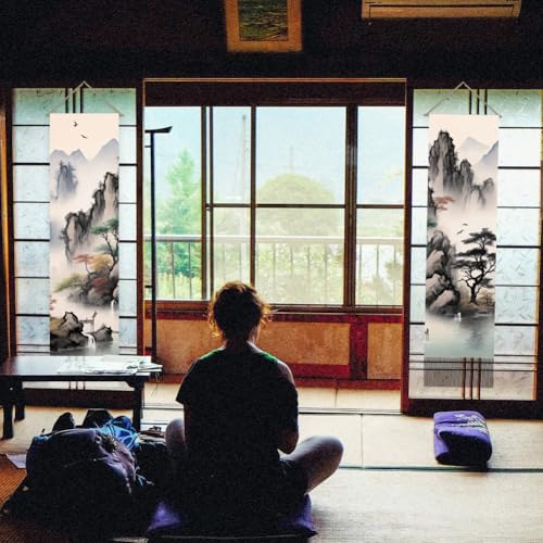 AHANDMAKER 2Pcs Asian Landscape Painting Tapestry, Oriental Ink Aesthetics Mountain Tree Japanese Artistry Tassel Tapestry Hanging for Bedroom Living Room Interior Décor(45.7x13 Inch) - color: Landscape Painting