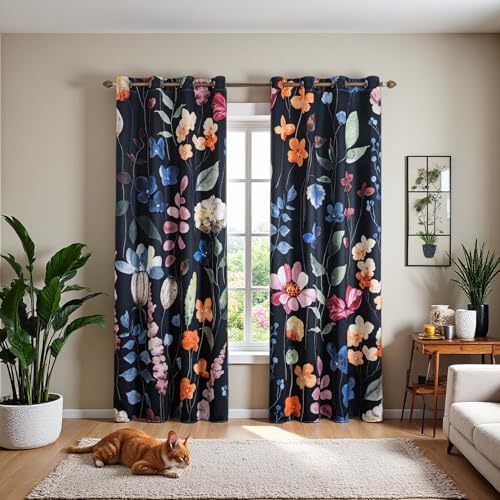 Floral Blackout Curtains 84 inch length 2 Panels Set Rustic Vintage Flowers Botanical Leaf Print Patterned Black Out Curtains Thermal Insulated Darkening Window Drapes for Bedroom Living Room 52x84 in - color: Black Colorful, size: 52"W x 84"L (Pack of 2)