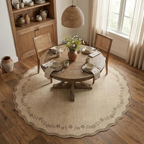 GarveeHome Round Rugs 6ft Scalloped Washable Circle Rug for Dining Room - color: Jute, size: 6' (Round)