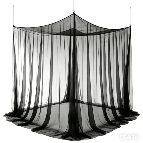 Black Mosquito Net Bed Canopy, Netting Four Corner Post Curtains Bed Drape - color: Black