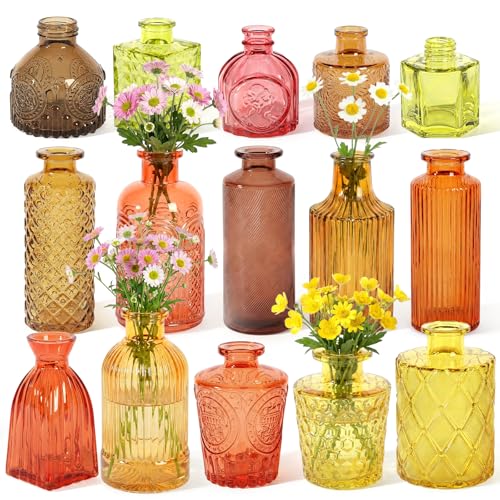 Set of 15 Gold Colored Glass Bud Vases Small Textured Flower Vases - color: Fall Color