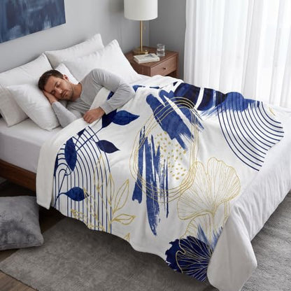 Blue Leaf Throw Blanket, Navy Blue and Gold, 60x80 in - color: Blue, size: 60"Wx80"L