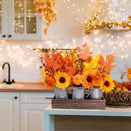 Winlyn Set of 3 Small Potted Maple Arrangement Artificial Maple Leaf Branches Faux Fall Picks and Sprays in Rustic Galvanized Metal Pots with Decorative Wood Tray