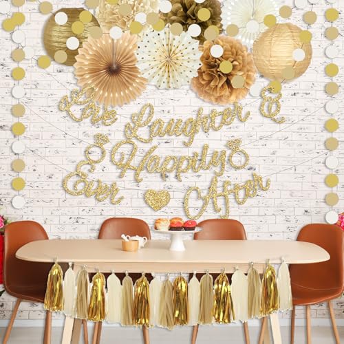 Bridal Shower Decorations,Gold Glitter Bridal Shower Decorations includes Love Laughter Happily Ever After Decorations Paper Flower Ball Wedding Decorations for Home Party Bachelorette Party Supplies - style: Gold