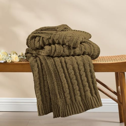Sea Blue Cable Knit Throw Blanket,Extra Thick Cozy Sofa Blanket 50x60 - color: Dark Khaki, size: 50"x60"