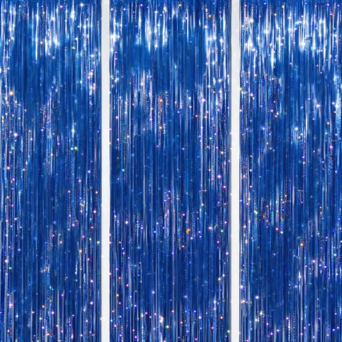 DECOCKRAT 3 Pack Foil Fringe Backdrop - Laser Royal Blue Shiny Tinsel Curtains for Party Decoration/Photo Booth Props - 3.3x8.2 FT Metallic Foil Backdrop for Birthday, Wedding, Graduation, Christmas - color: Laser Royal Blue